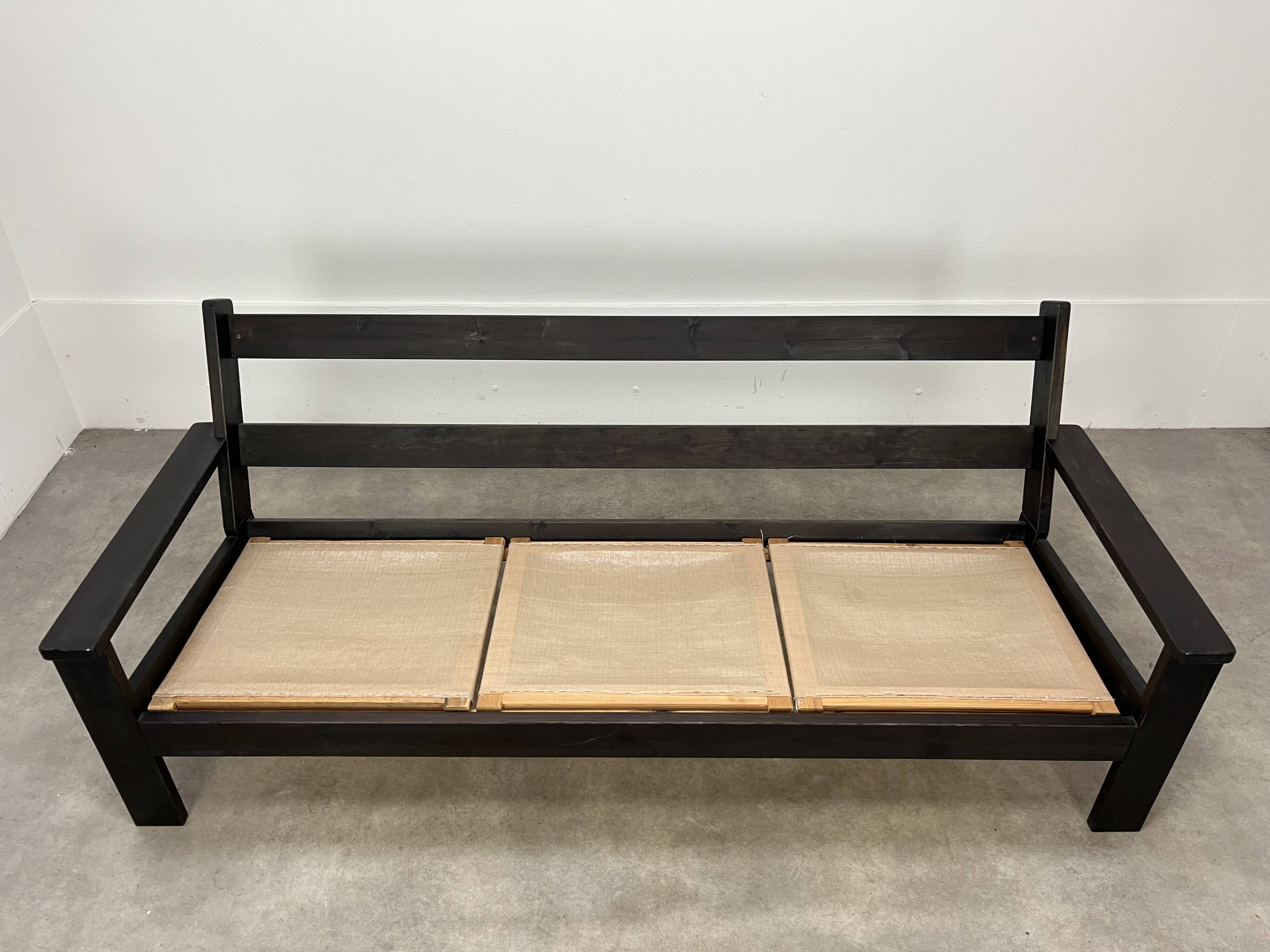 Living room sofa and brutalist armchairs in leather and wood, 70s, chalet style