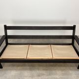 Living room sofa and brutalist armchairs in leather and wood, 70s, chalet style