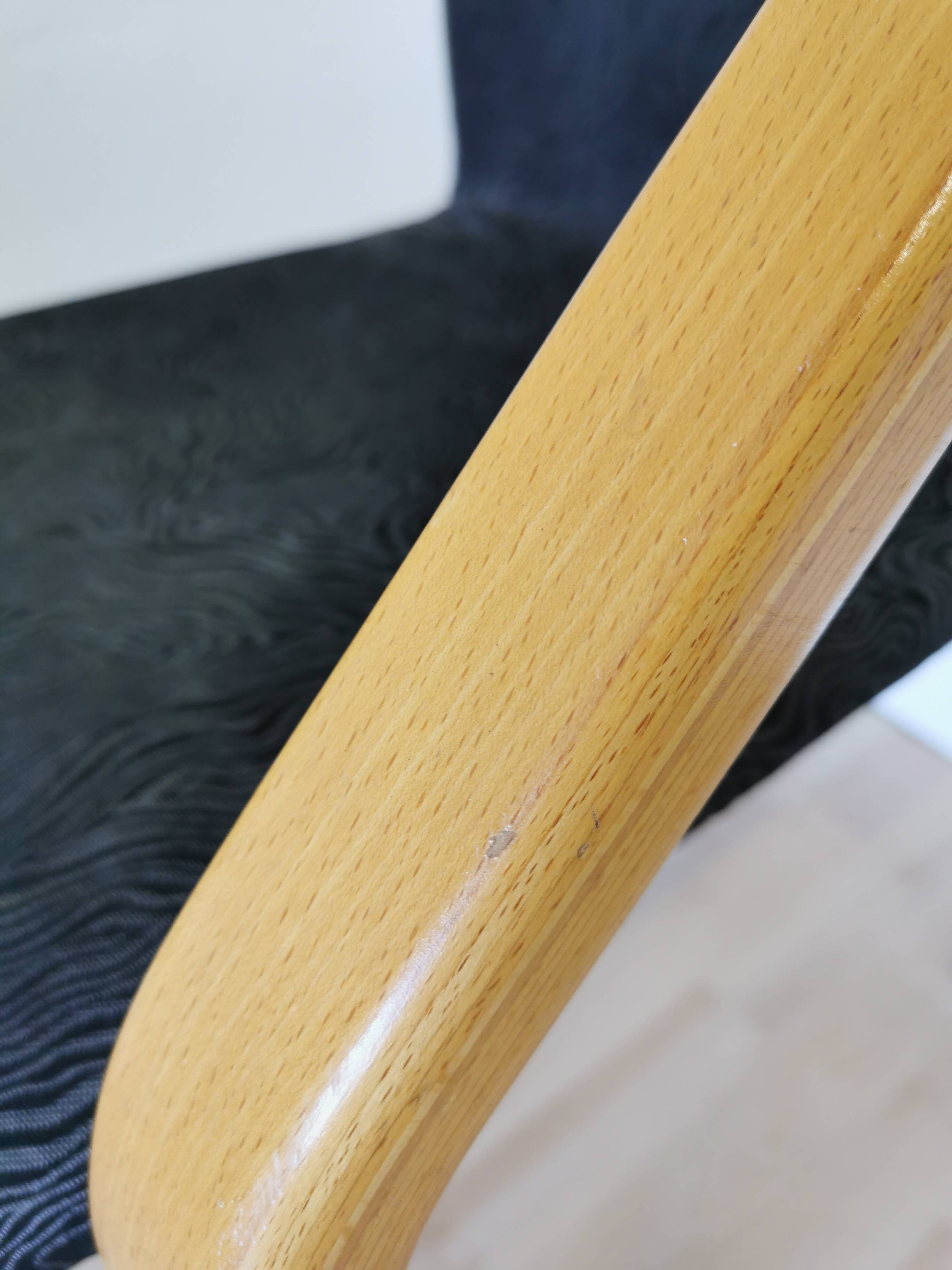 Vintage Beech Wood Dining Chair: 1970s Space Age Black Fabric