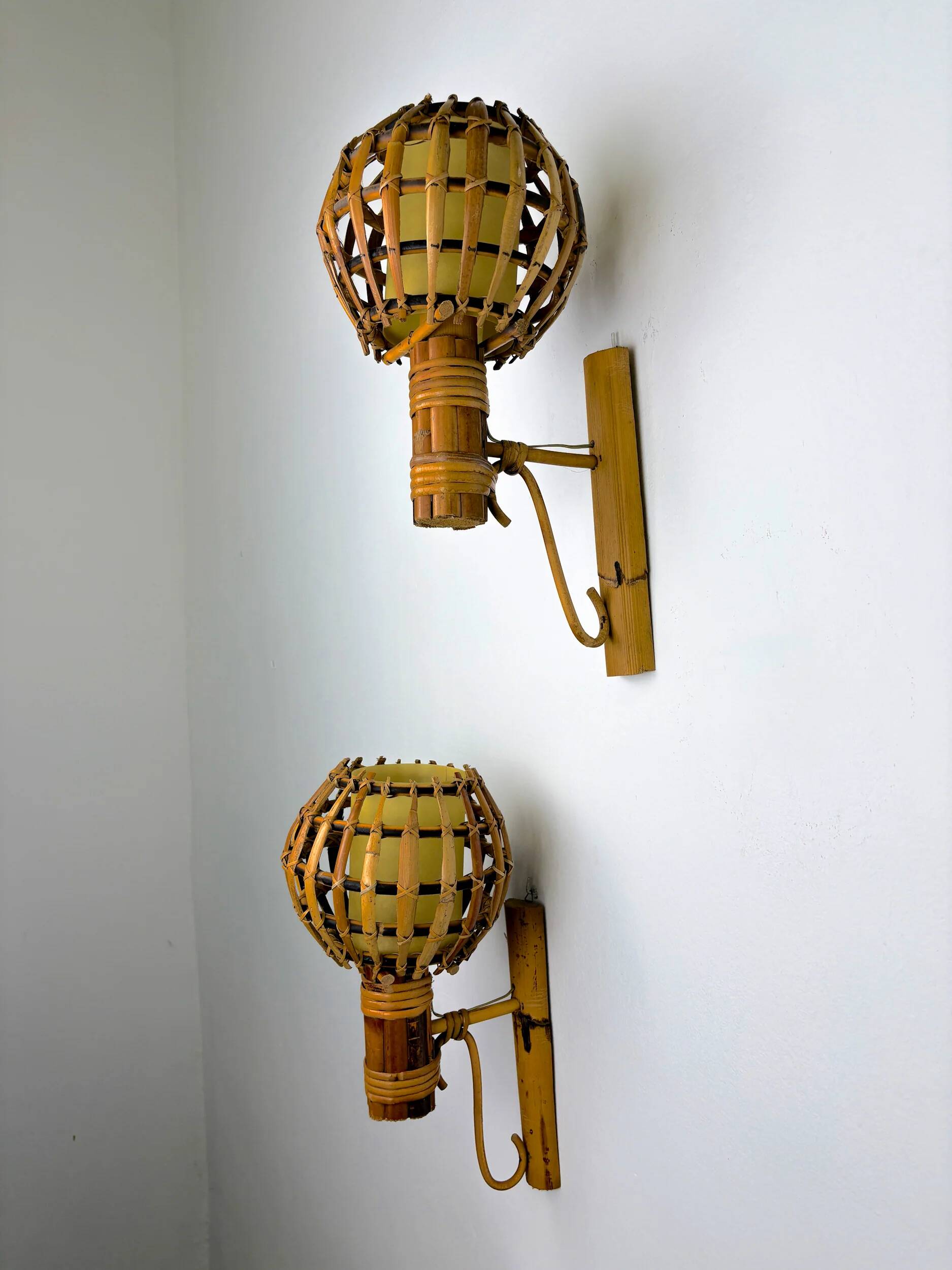 Pair of mid-century rattan wall sconces, Italy 1970s