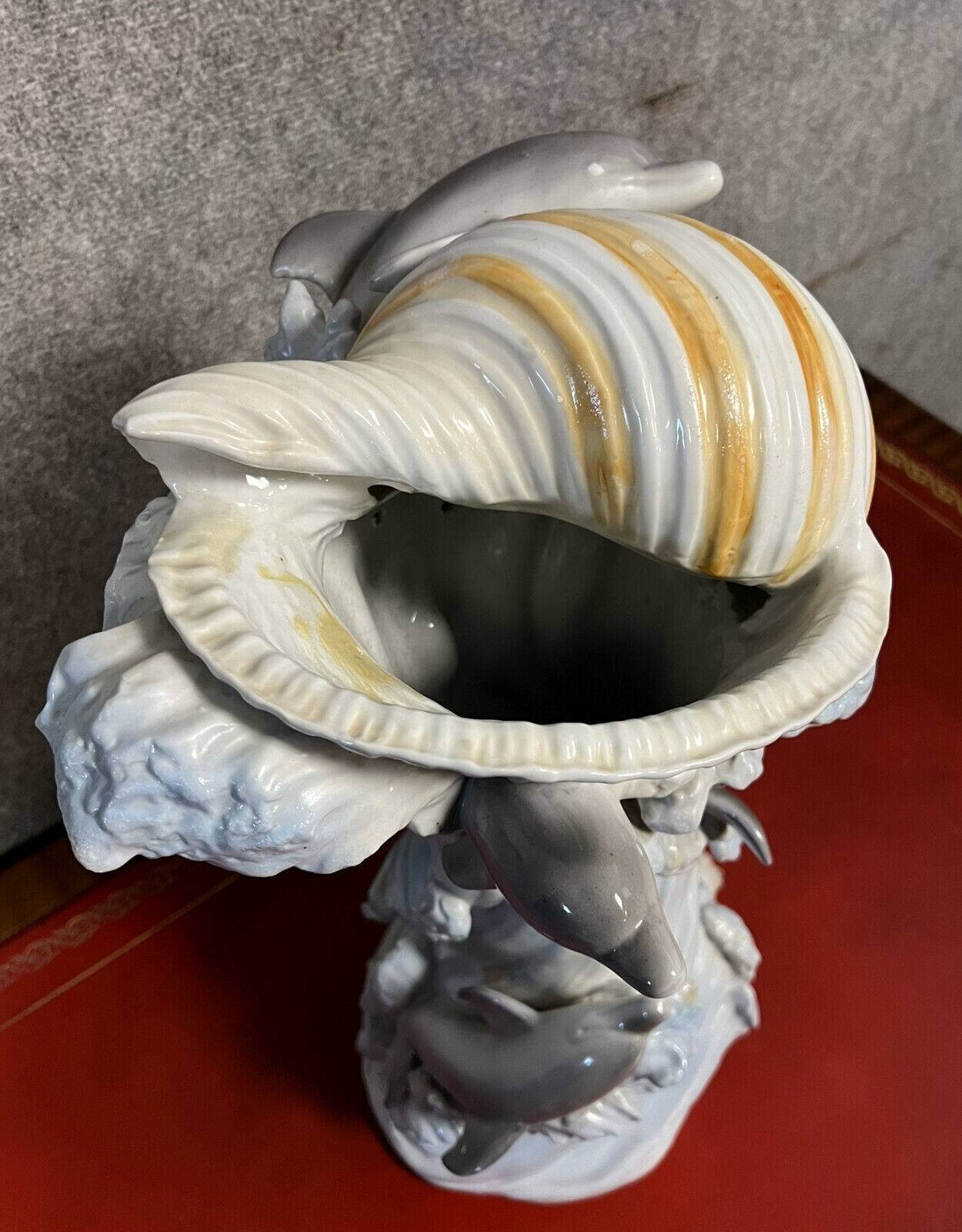 Vintage porcelain dolphin and shell vase circa 1960