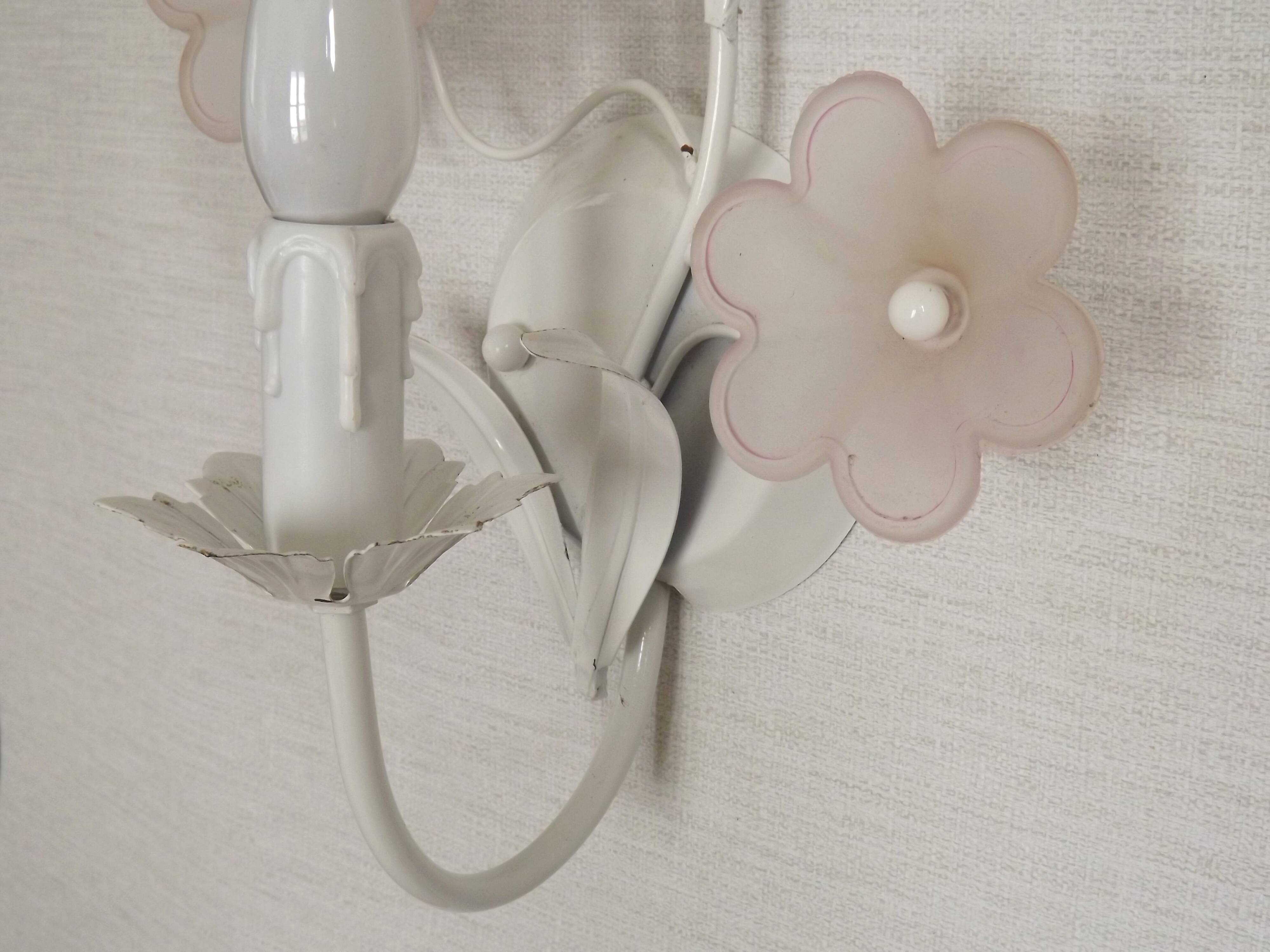 French vintage white metal double wall light with pink glass flowers 5438.