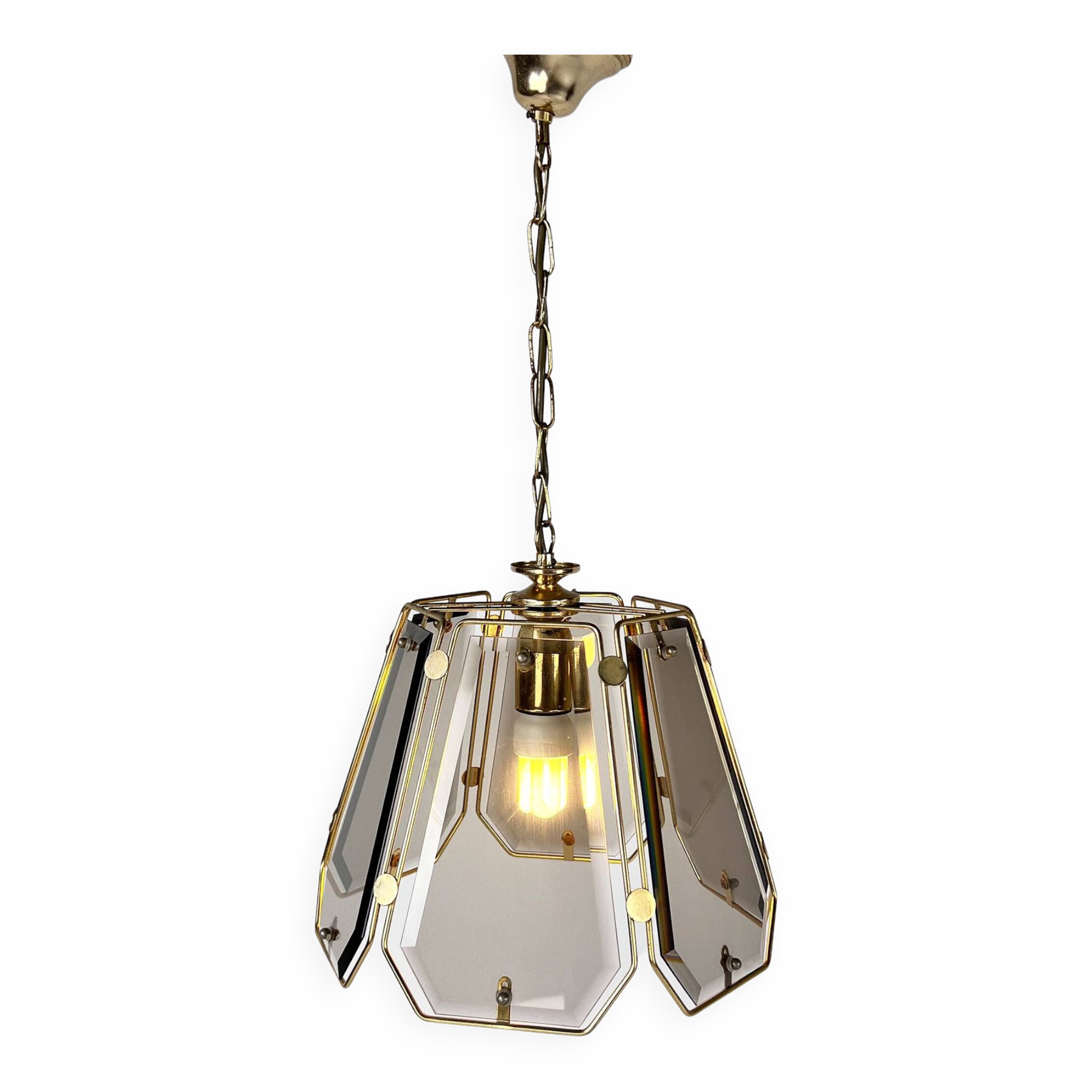 French Brass and Smoked Glass Hal Pendant, 1970s