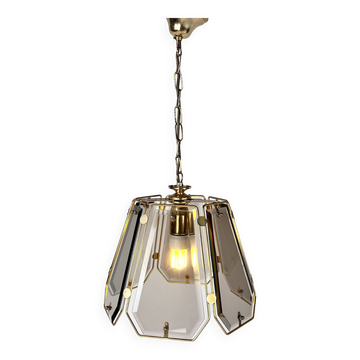 Suspension Hal en laiton français et verre fumé, années 1970
