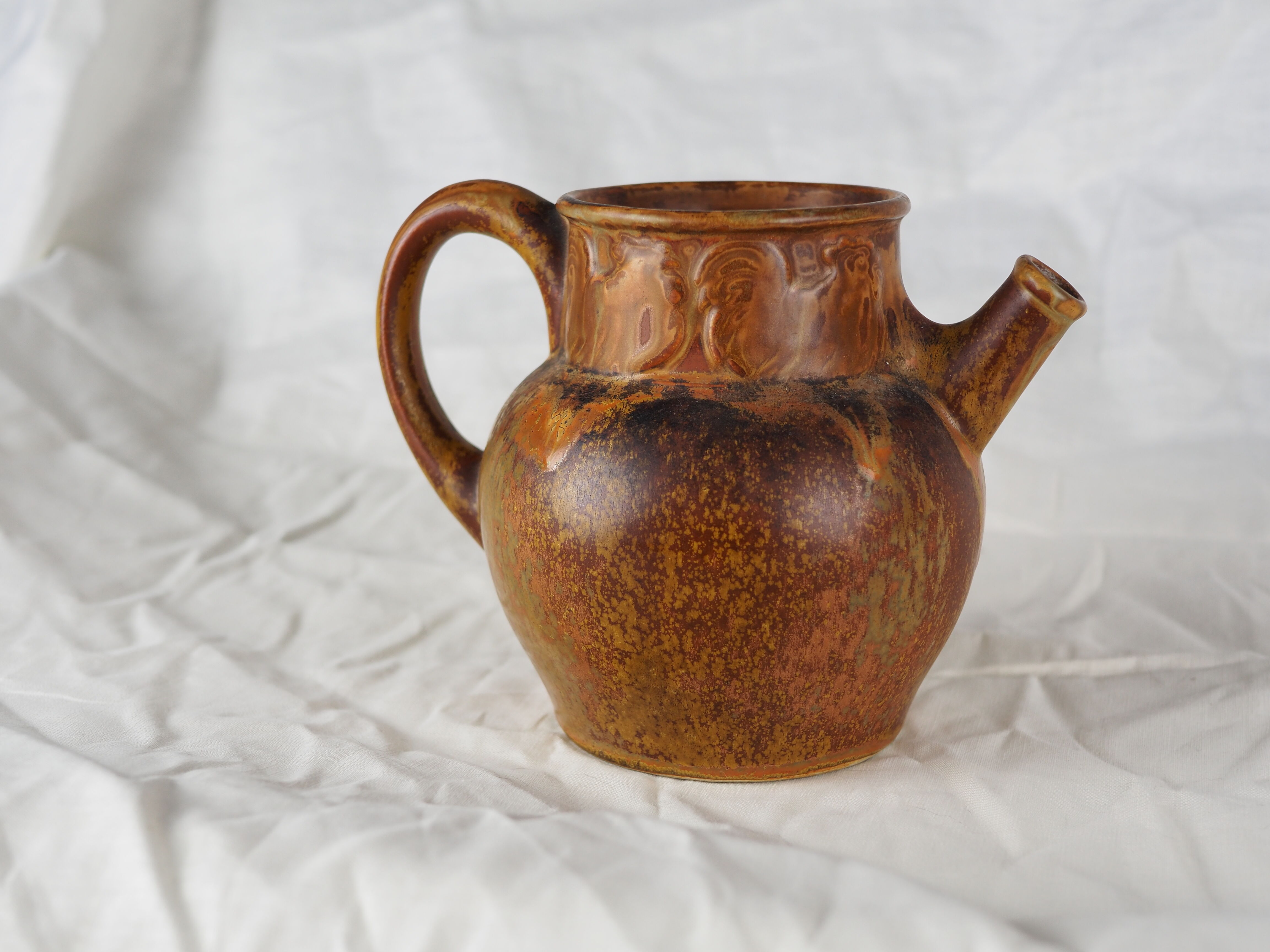 Rooster frieze pitcher, glaze with warm brown drips, ochre and volcanic - Denbac - 30s