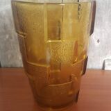 Ancien Vase Style Art Déco Verre Moulé Orange Vintage #A696