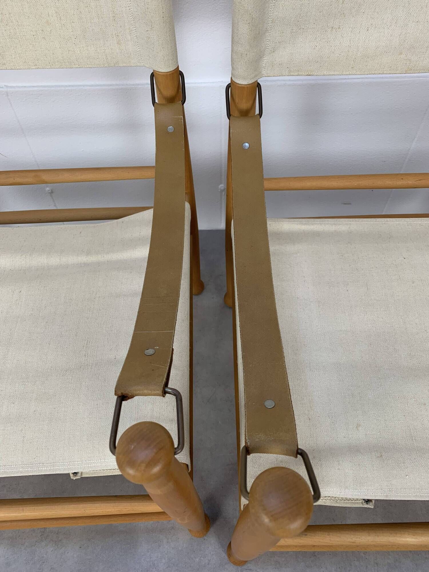 Pair of safari armchairs canvas and leather stretched
