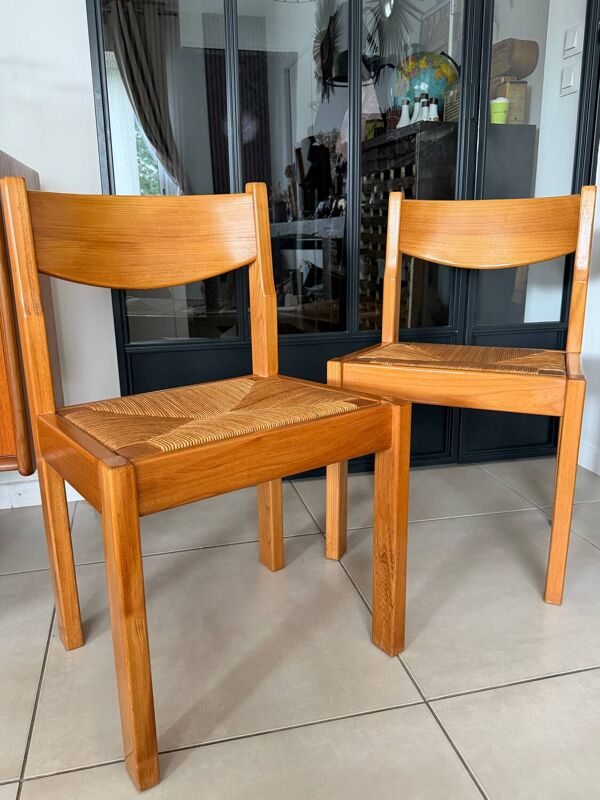 Paire de chaises en orme massif et paille – Maison Regain, ci