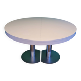 Ligne Roset table in glossy white lacquer, chrome legs, 2 extensions.