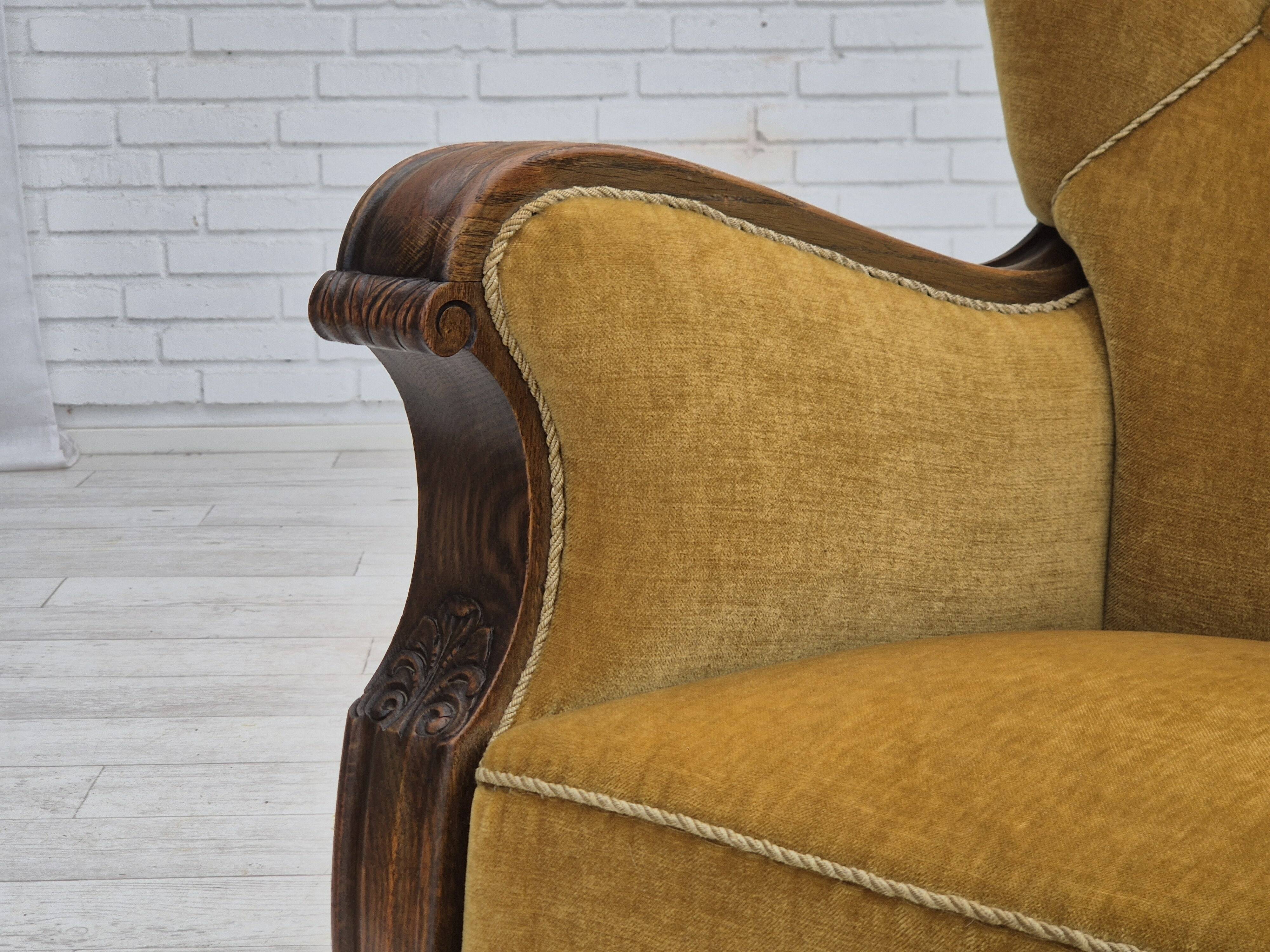 1960s, Danish relax armchair, yellow-honning furniture velour, oak wood.