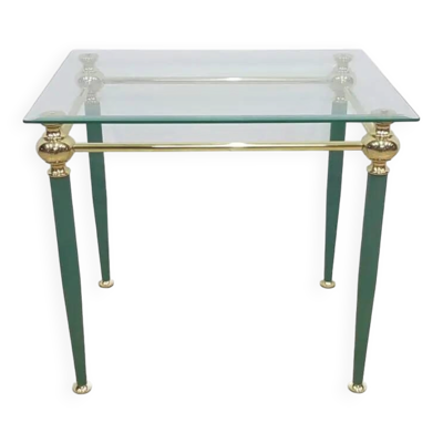 Table d'appoint moderne du milieu du siècle, verre clair, laiton doré, métal vert, F