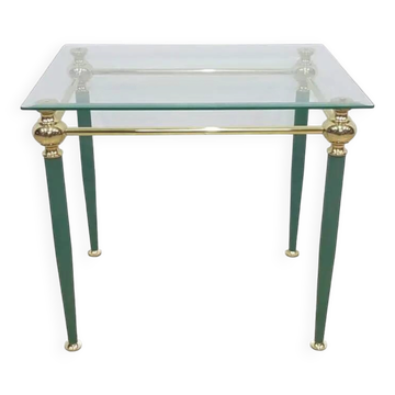 Table d'appoint moderne du milieu du siècle, verre clair, laiton doré, métal vert, F