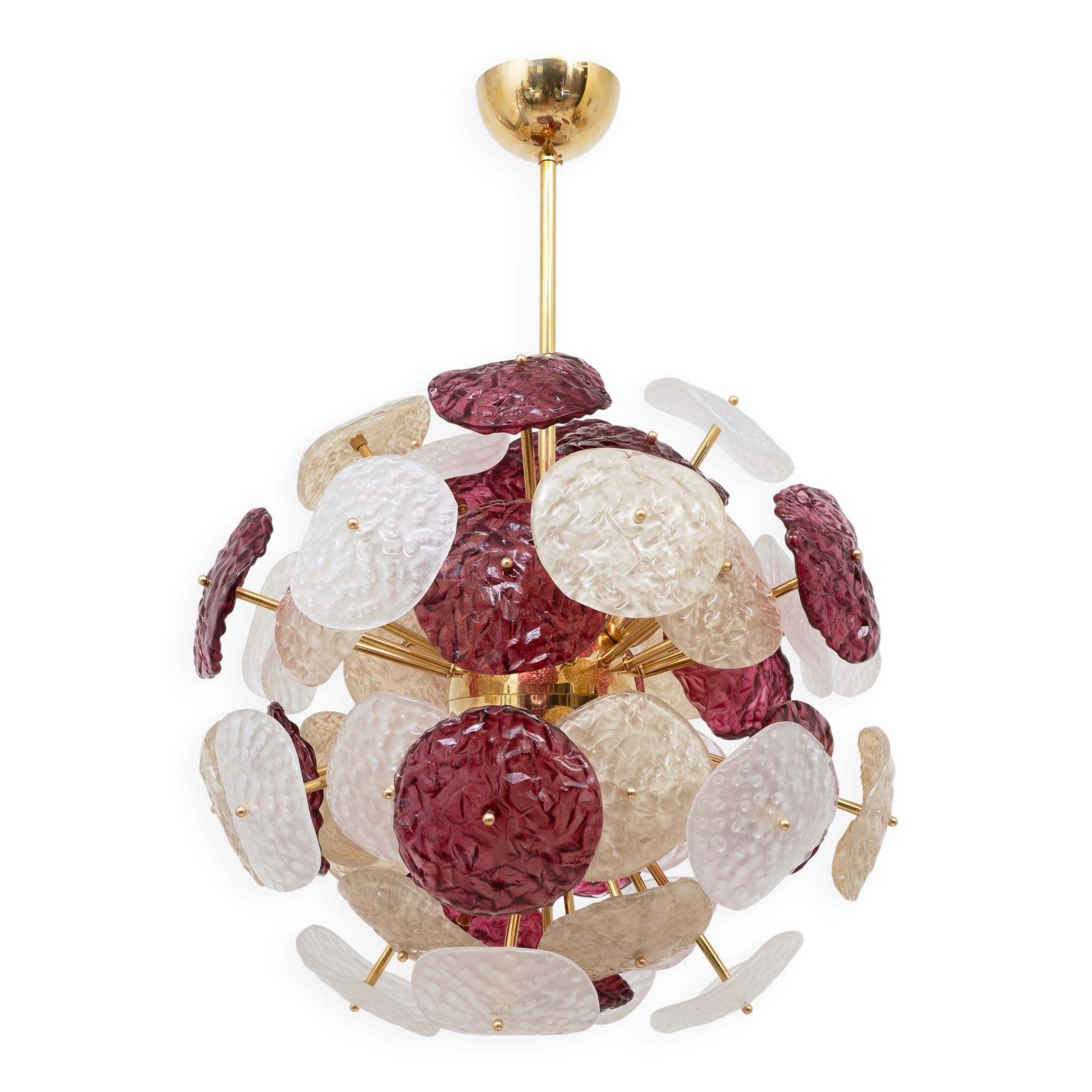 Murano Glass and Brass Sputnik Chandelier Cherry Red, White and Champagne