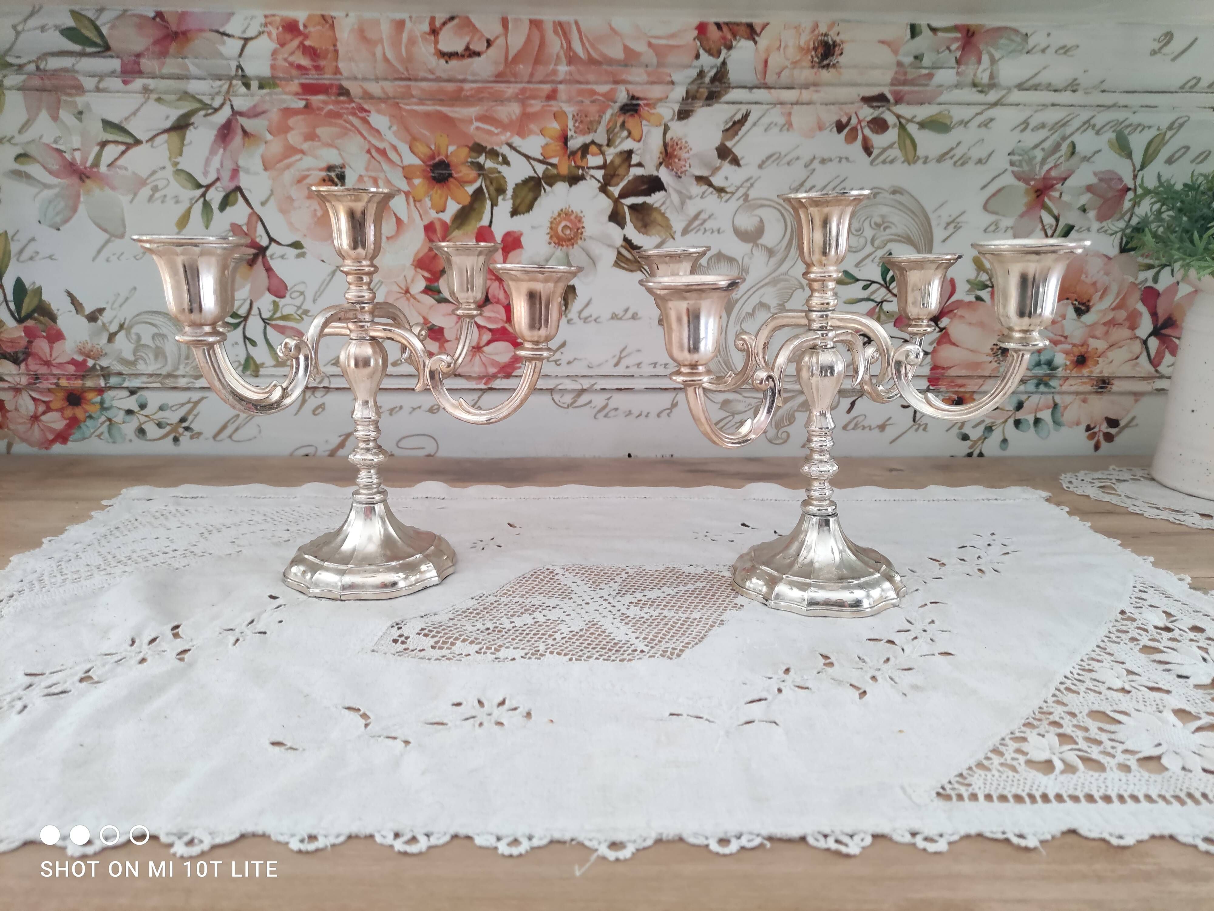 Set of 2 5-branched candlesticks in silver metal Versilbert 1950s