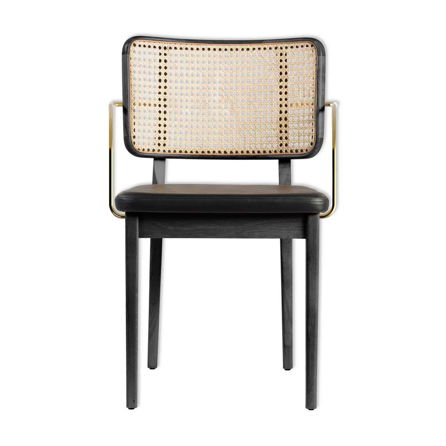 Black leather black wooden cannage chair with armrests