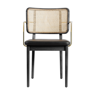 Black leather black wooden cannage chair with armrests