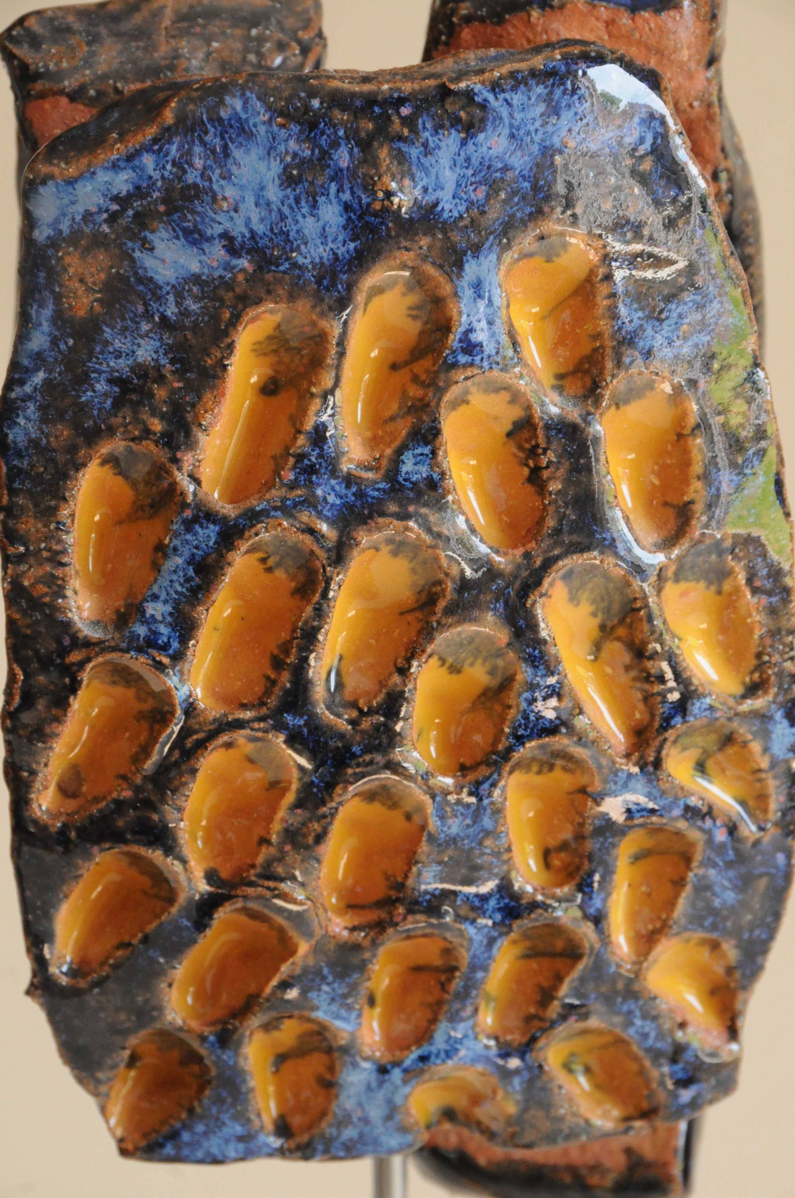 Glazed Terracotta Sculpture Signed - Abstract Art - Blue Amber