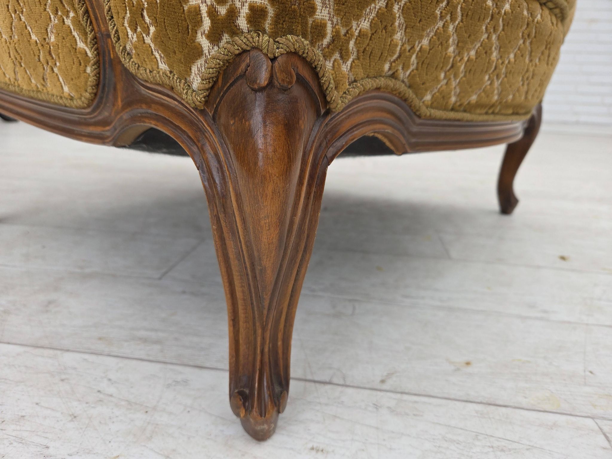 1950s, Danish relax chair, furniture velour, carved ash wood.