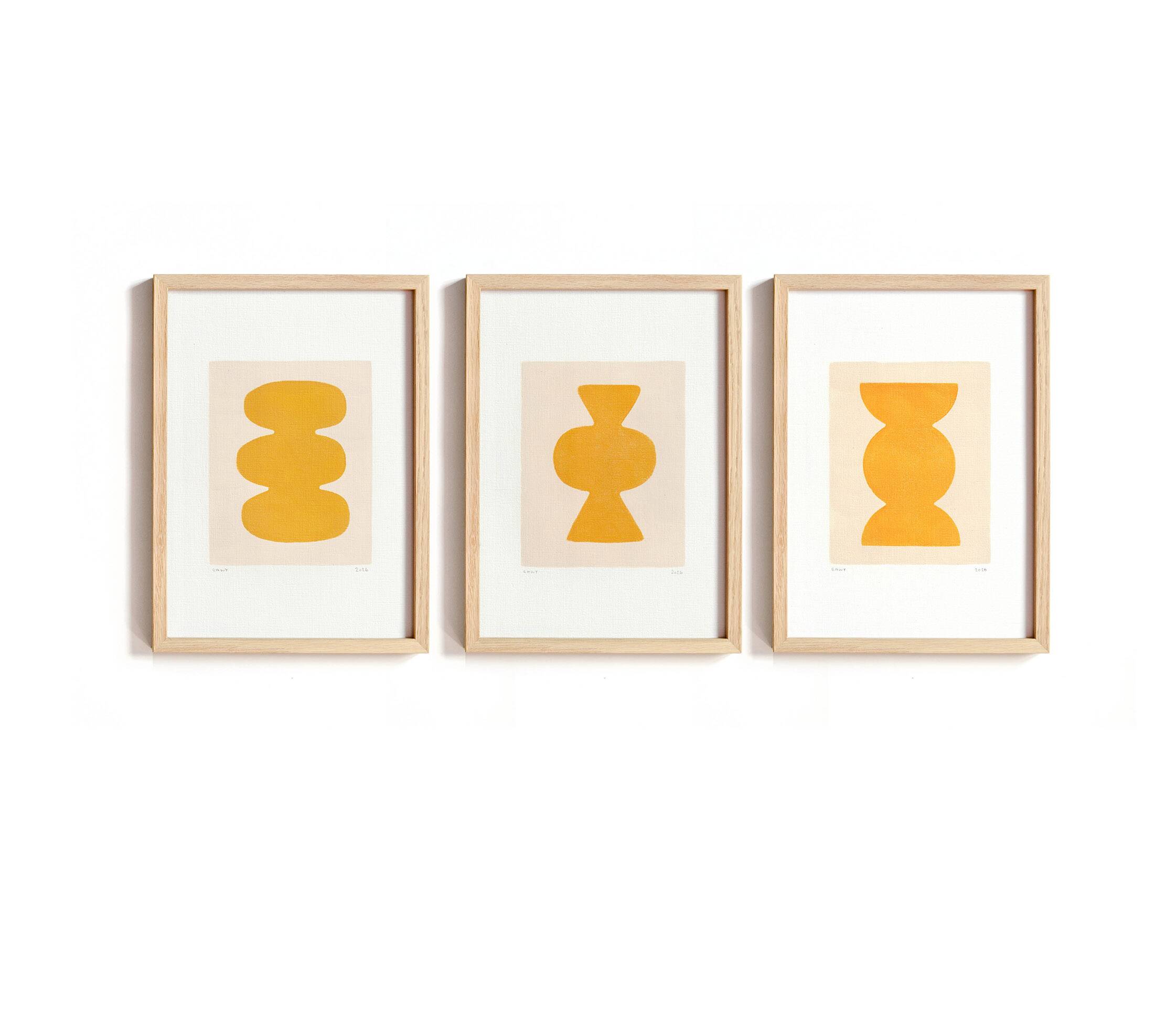 Set de 3 peintures abstraites jaune signée Eawy