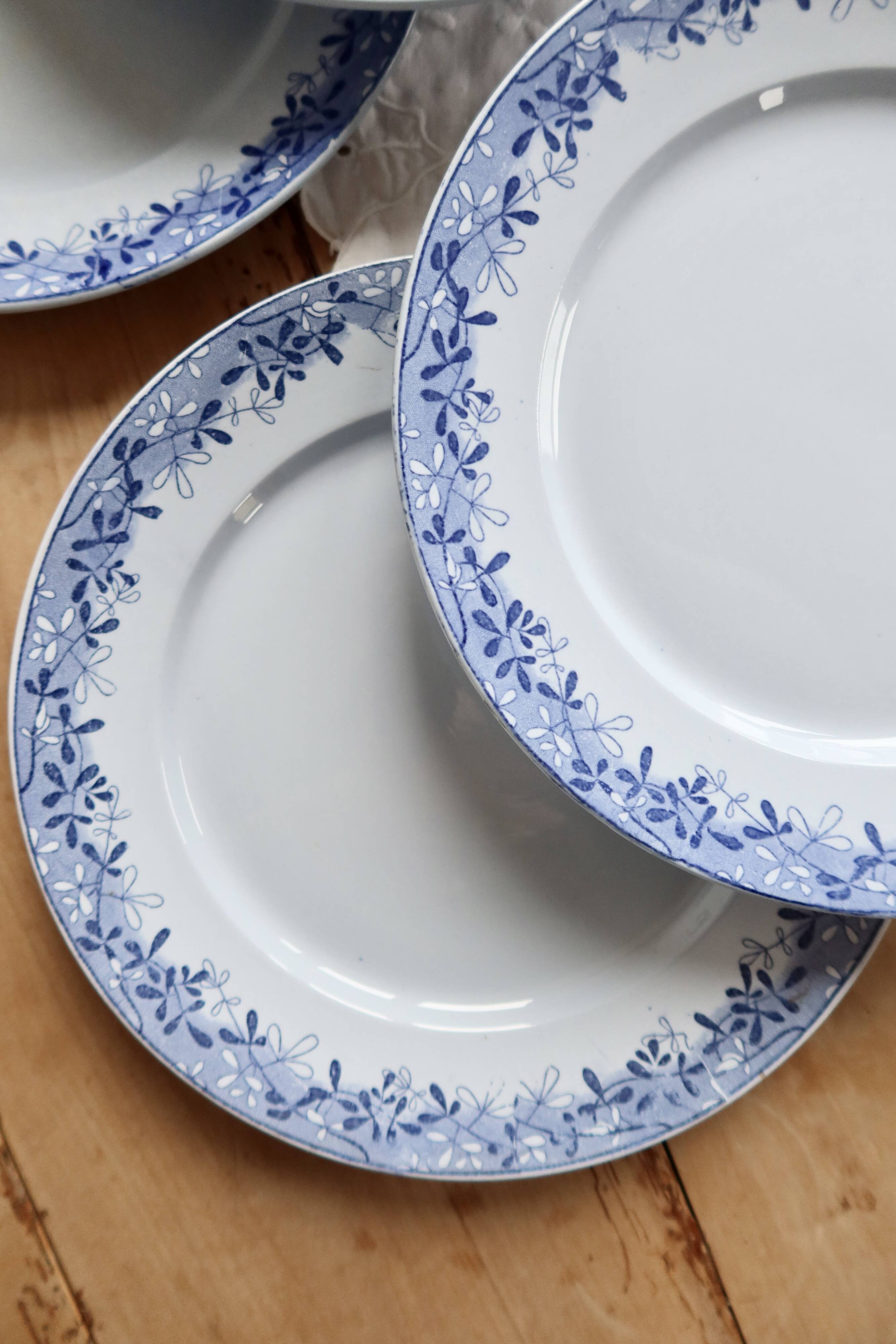 6 antique flat plates from Sarreguemines U&C in the Mimosa blue pattern.