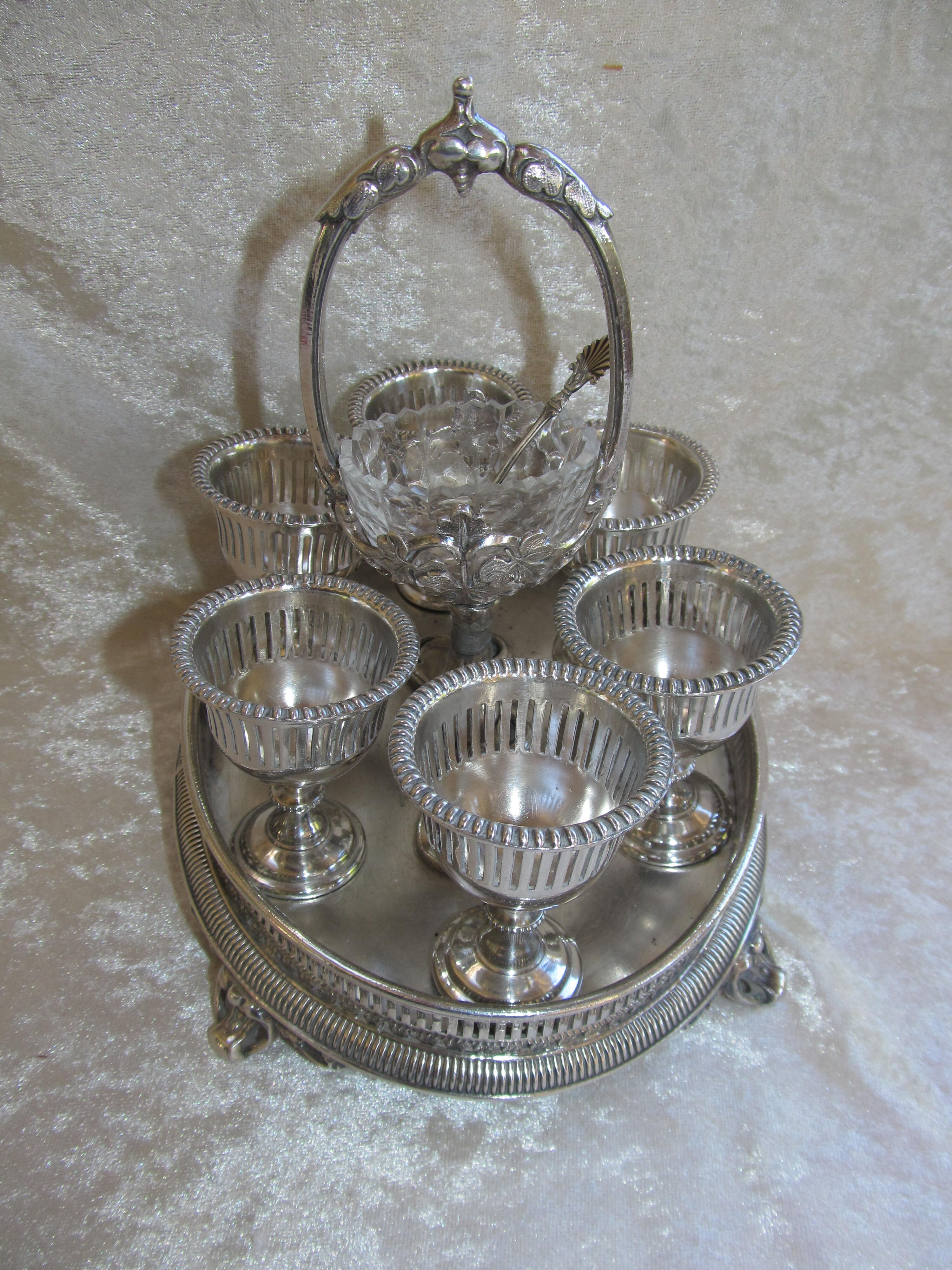 Egg bowl old egg service silver metal 6 shells display salt shaker