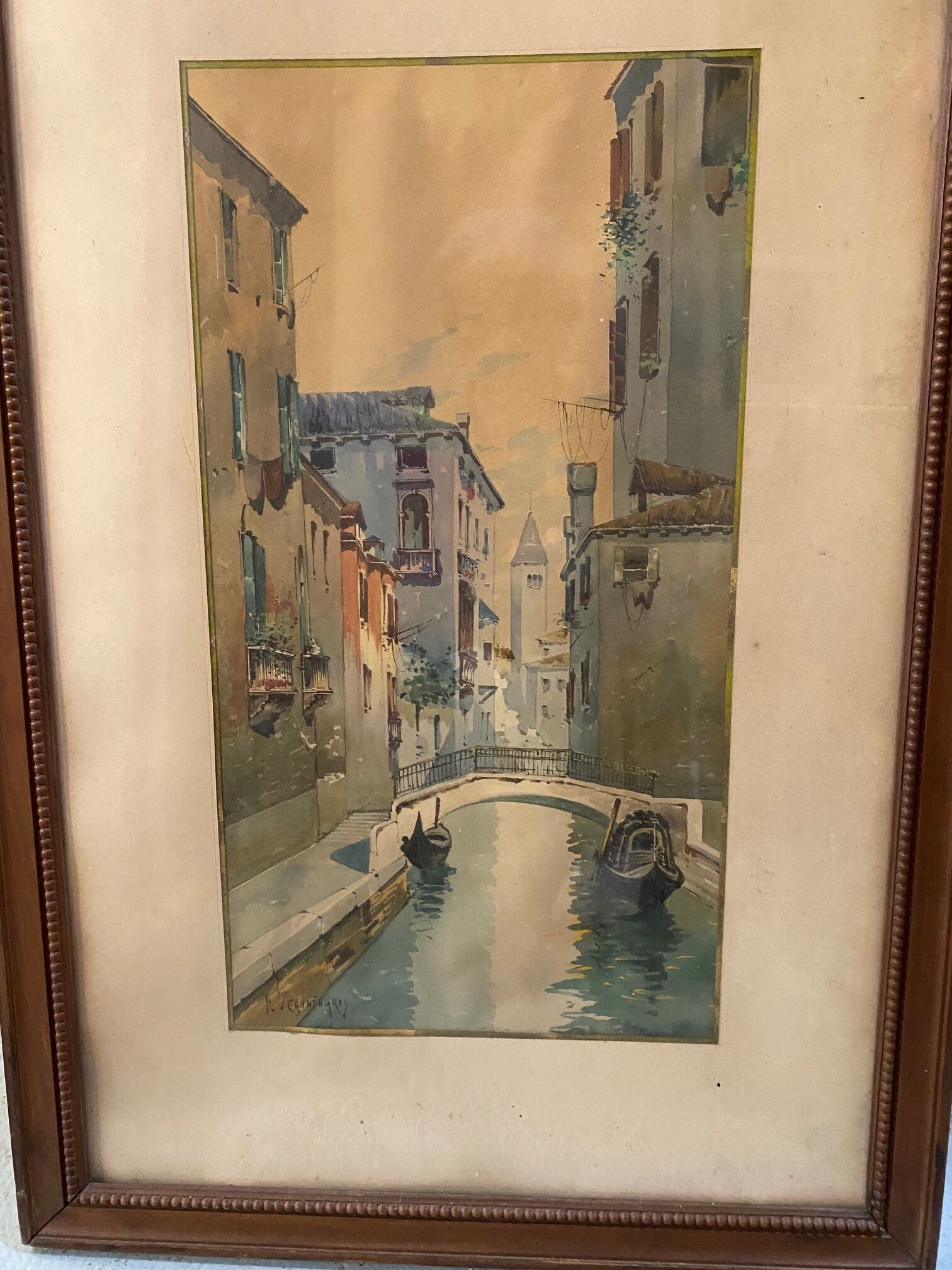 Watercolor signed f. jeannin gros - rialto in venice framed and under glass early twentieth century
