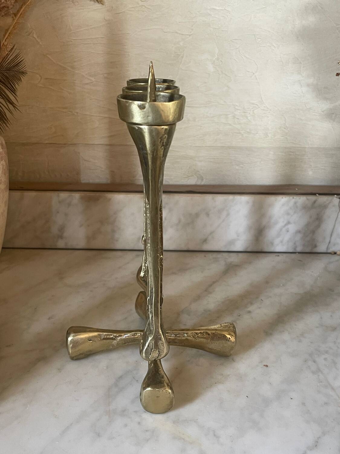 Vintage solid brass brutalist candle holder