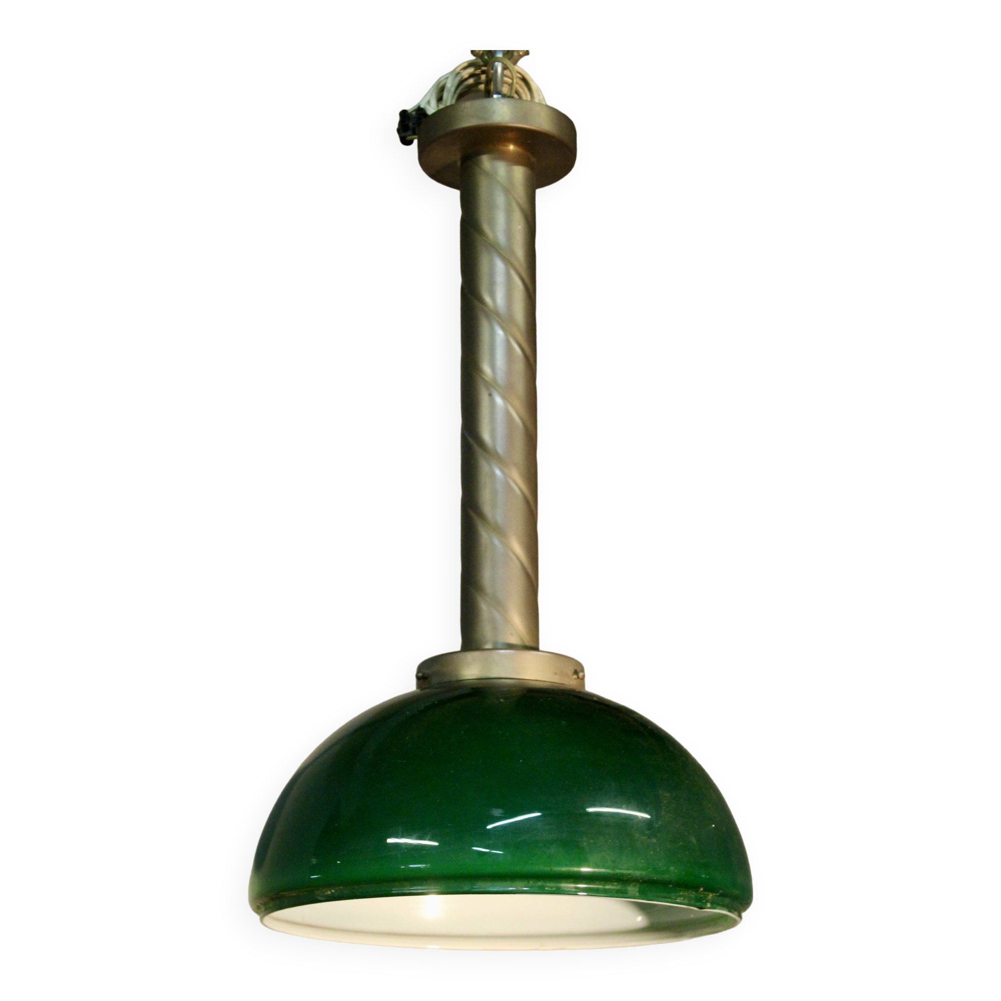 Chandelier with brass body and green opaline