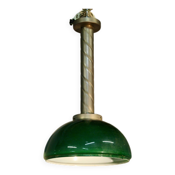 Chandelier with brass body and green opaline