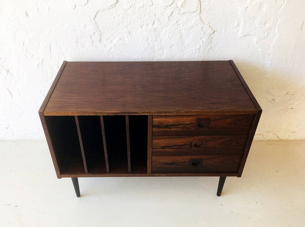 Wooden sideboard with 3 drawers and vinyl storage, Denmark 1970