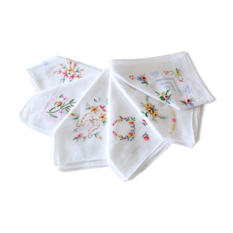 Set de 6 mouchoirs de poche en coton blanc brodés de jolies fleurs, fait main, vintage