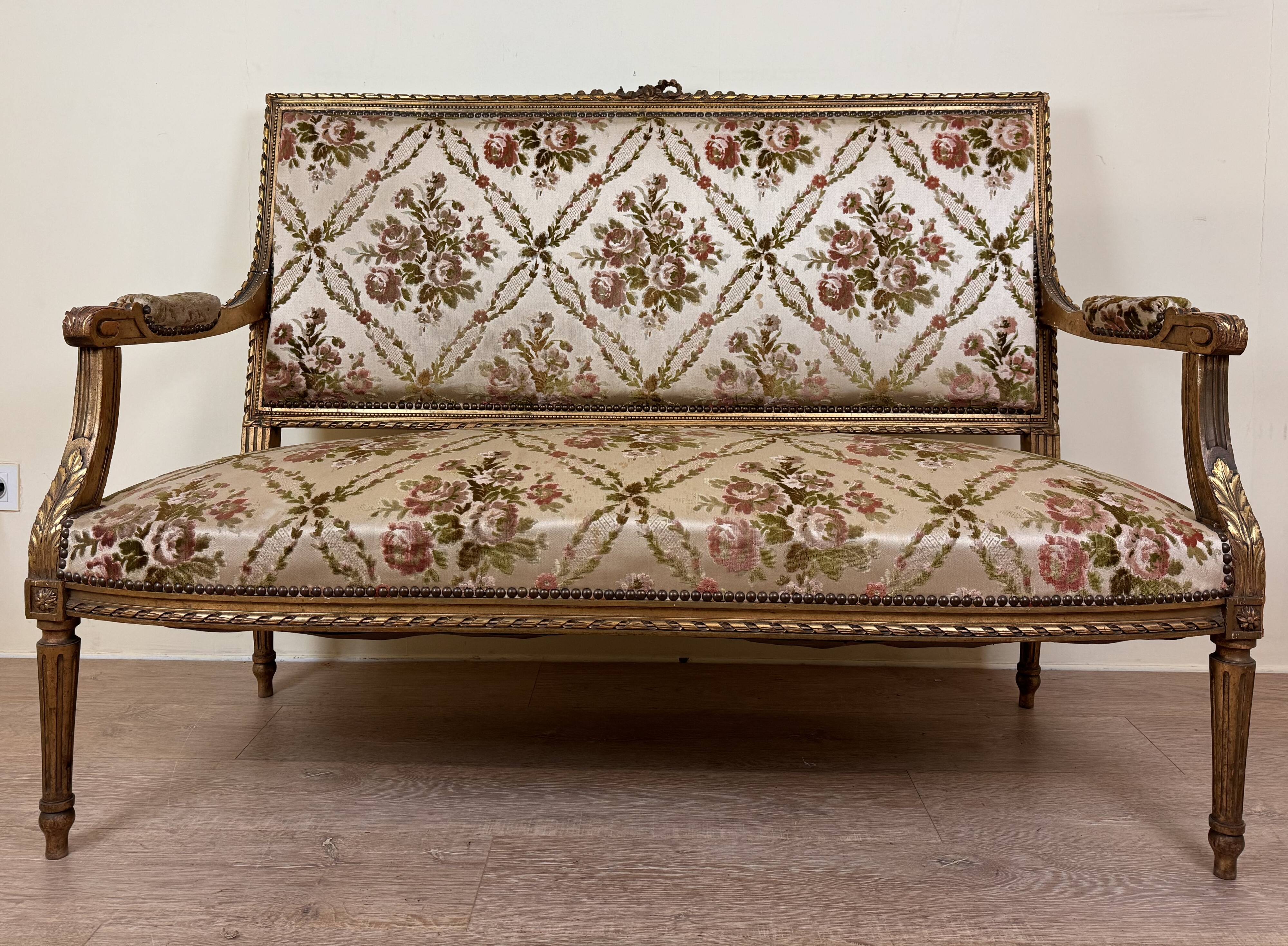 Louis XVI Style Bench In Golden Wood, mid-19th century