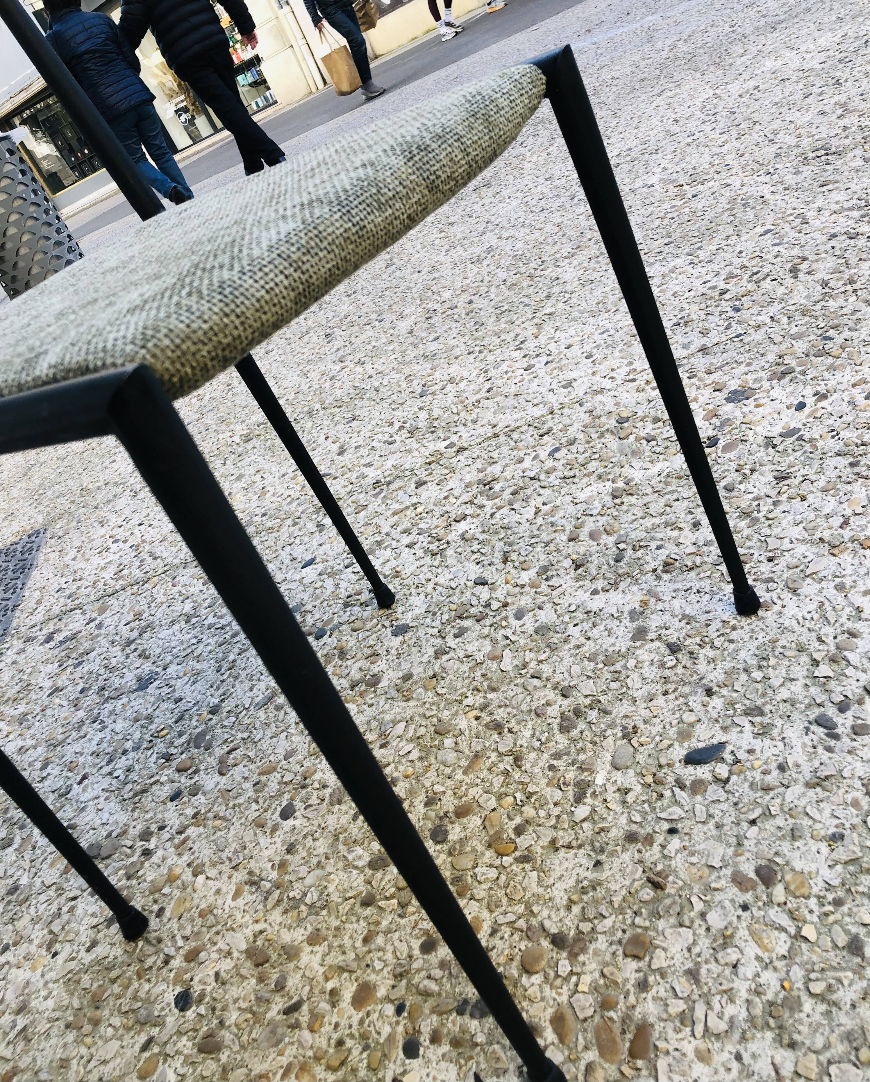 6 black metal chairs with green fabric, Italian design.