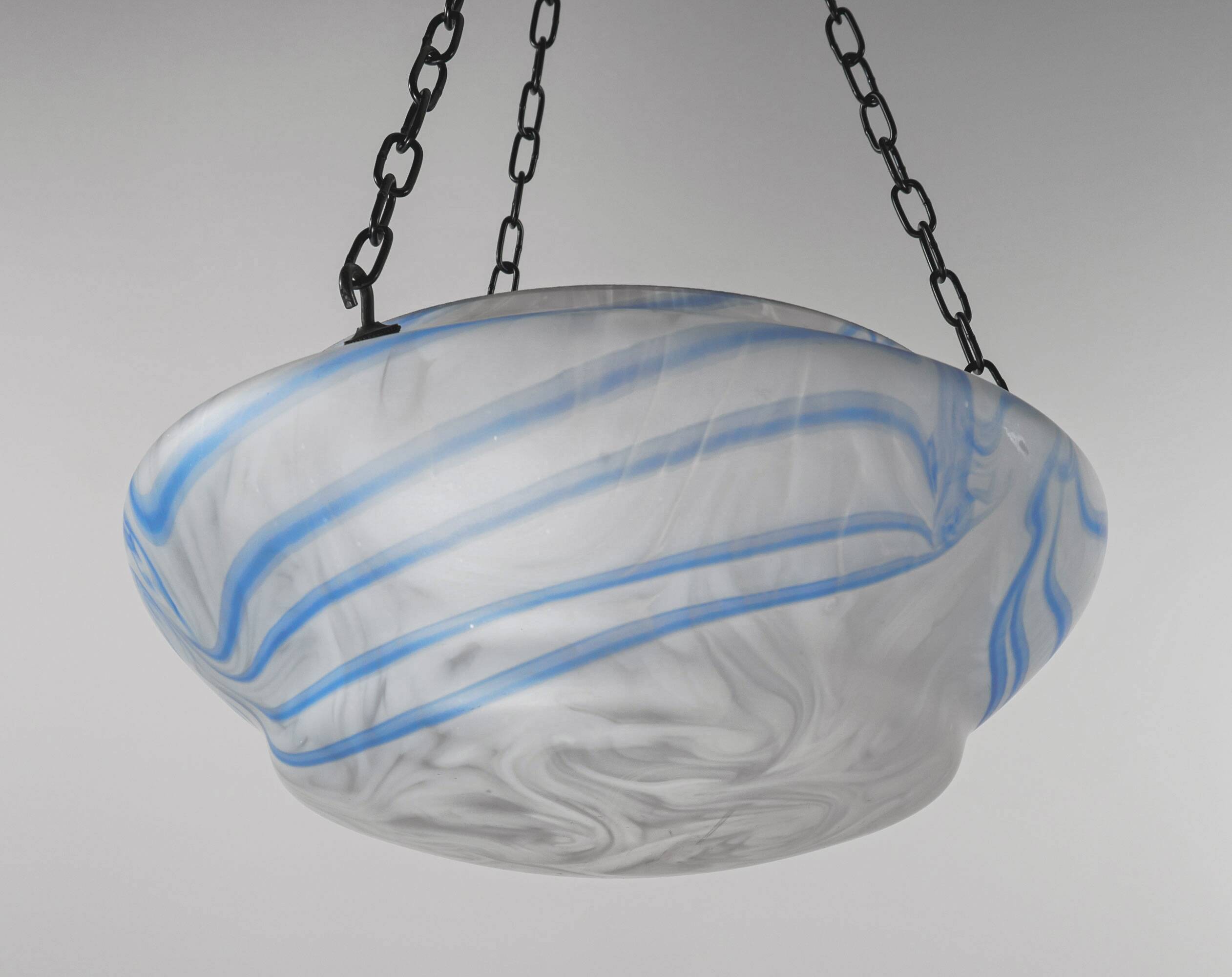 Vintage 1930s Blue & White Streaky Flycatcher / Plafonnier Glass Lamp Shade
