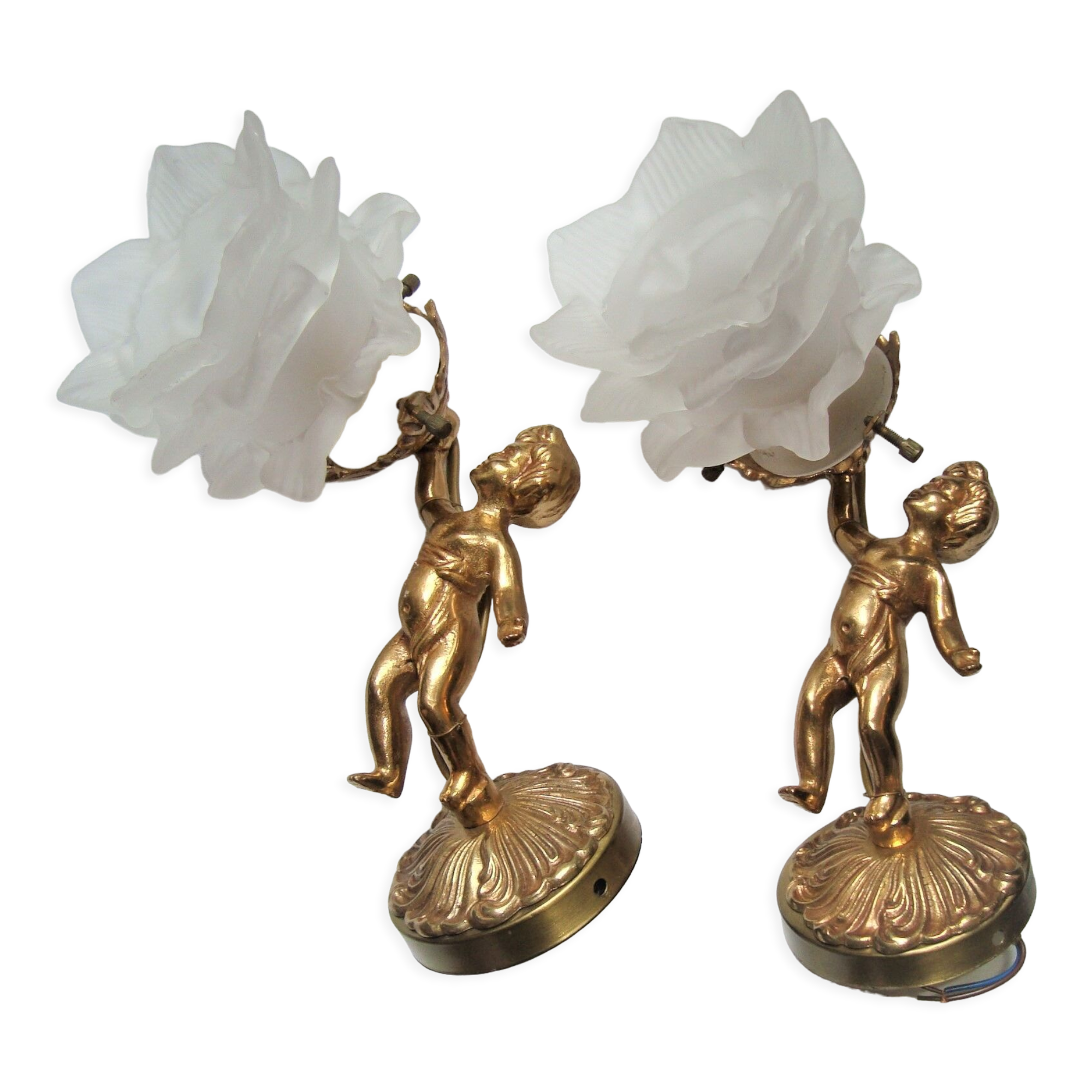 Pair of sconces Angels Cherubs Bronze Gilded Tulips Cut Glass