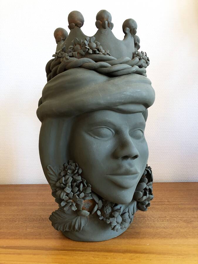 Large crowned ceramic head by Stefania Boemi – Sicily, 44 cm