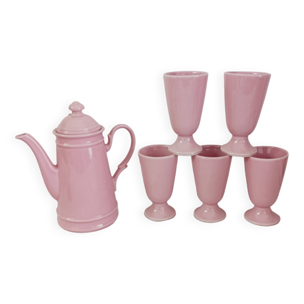 Service à café, cafetière et 5 mazagrans roses