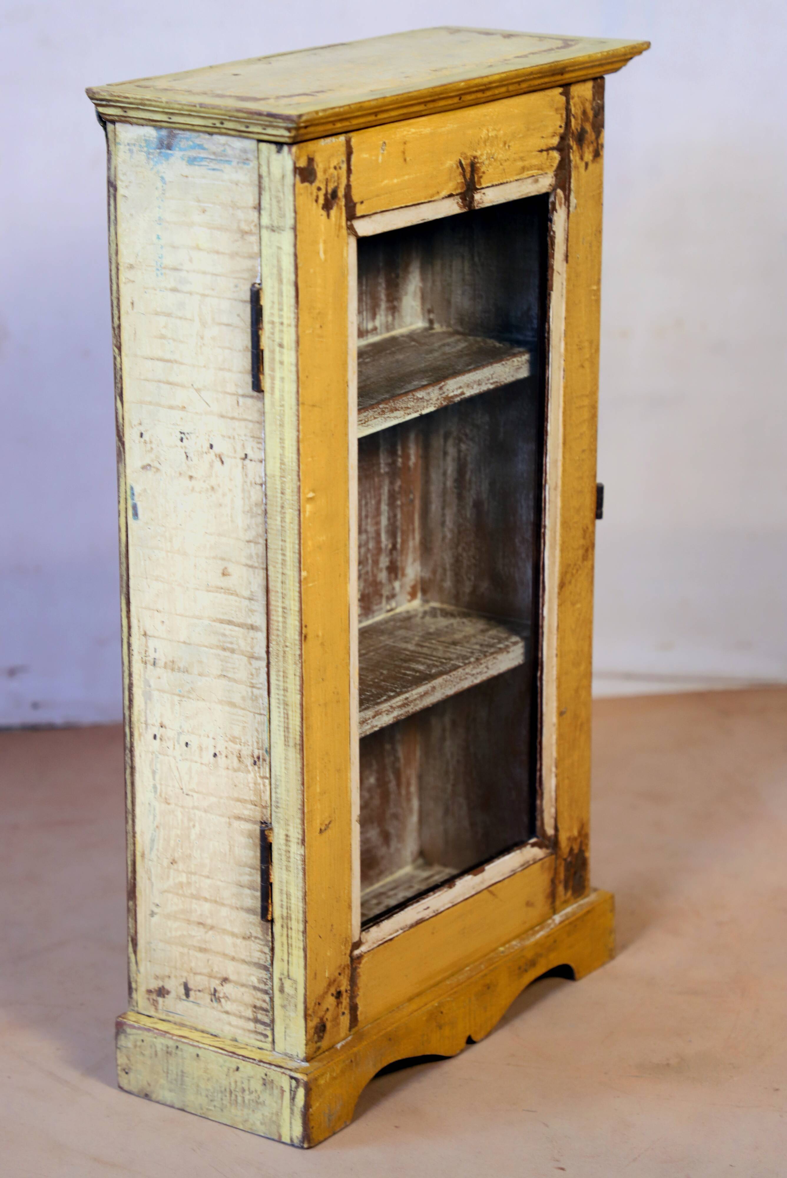 Showcase burmese teak wall shelf with original yellow patina