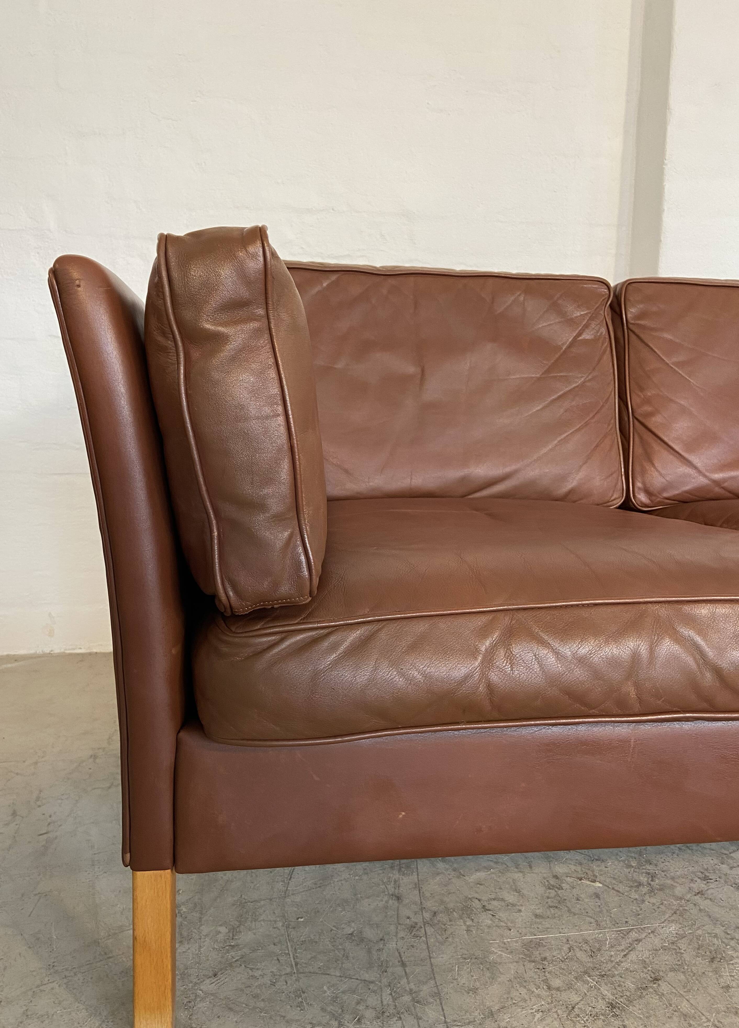 Vintage danish mid century mogens hansen 3 person cognac leather sofa 1960,s