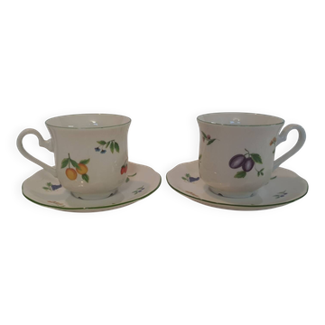Two cups and saucers in fine porcelain, orchard model.