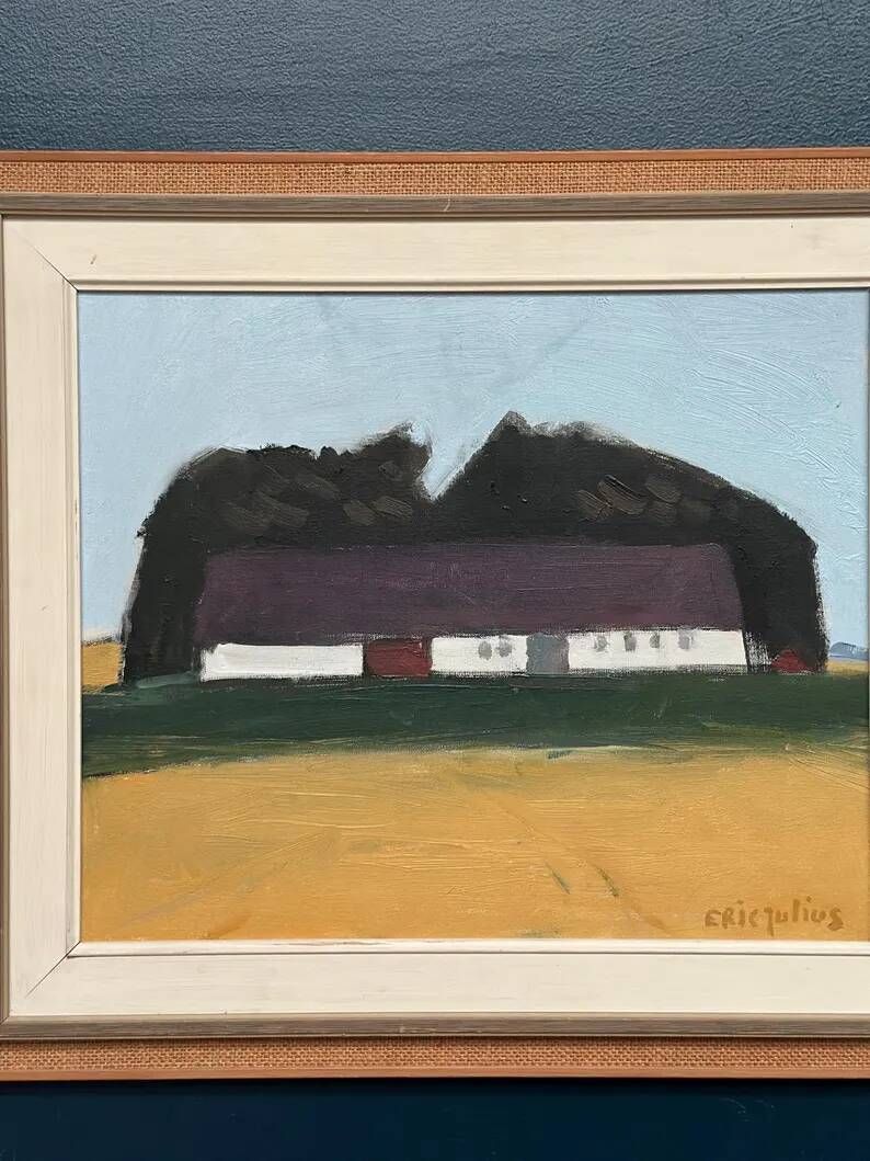 Original Swedish Oil on Canvas – "Farm" by Eric Julius – Signed – Vintage & Framed – 61 × 53 cm (24" × 20.9")