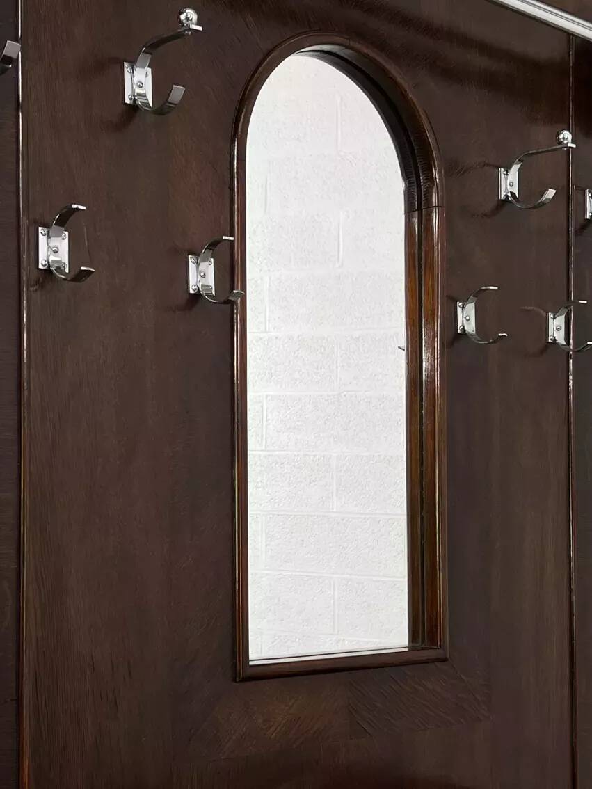 Art deco cloakroom coat rack in wood, mirror and chrome metal