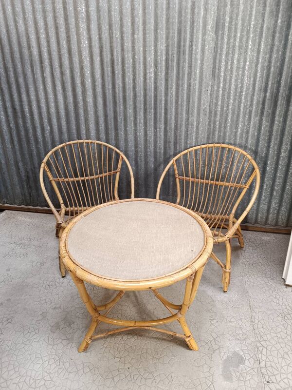 Salon de jardin en osier rotin vintage 2 fauteuils coquille et une table ba