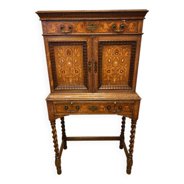 Lady bonheur du day secretary cabinet oak with marquetry and mother-of-pearl