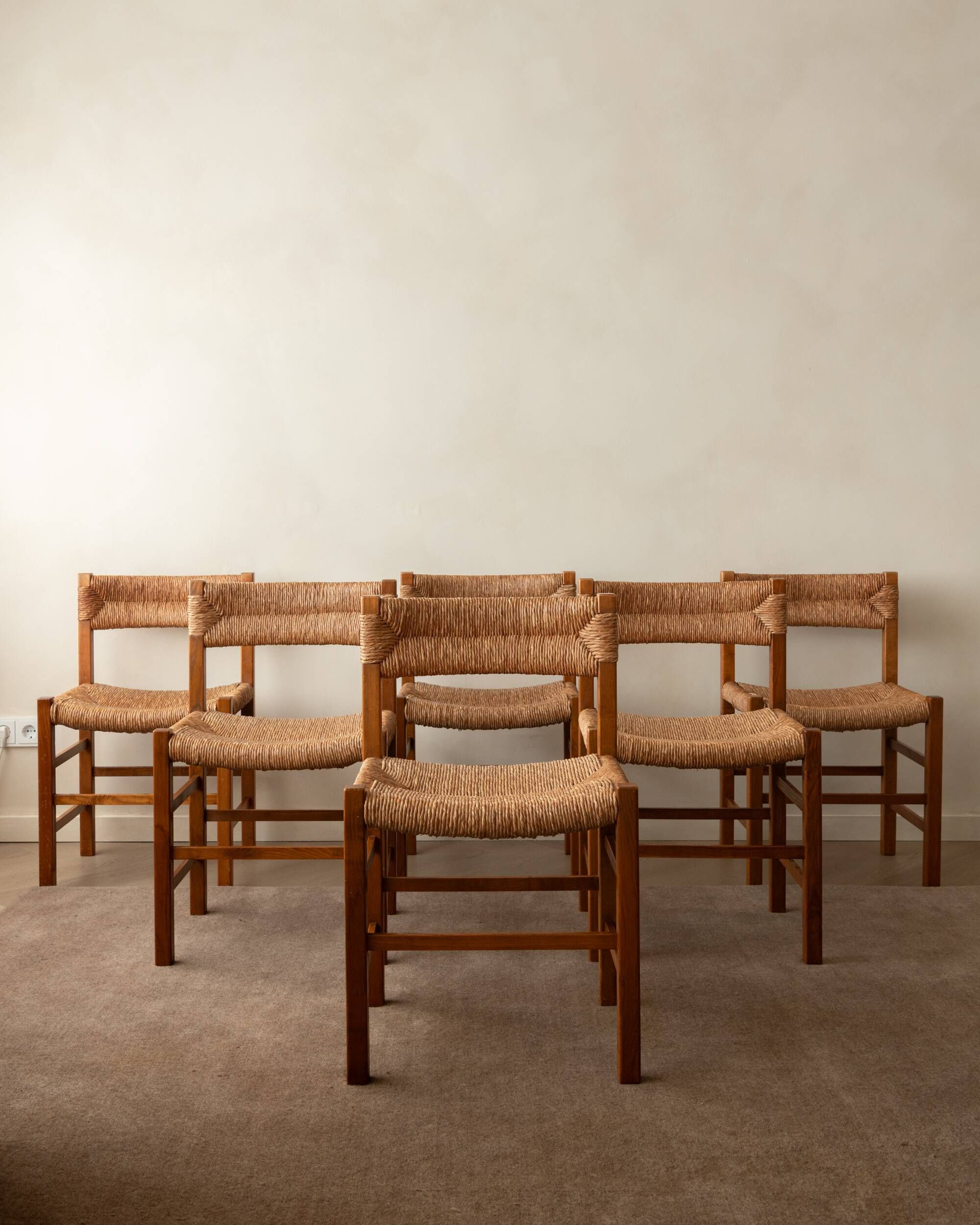 Vintage set of six French mid-century dining chairs in wood and rush, 1960s