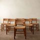 Vintage set of six French mid-century dining chairs in wood and rush, 1960s