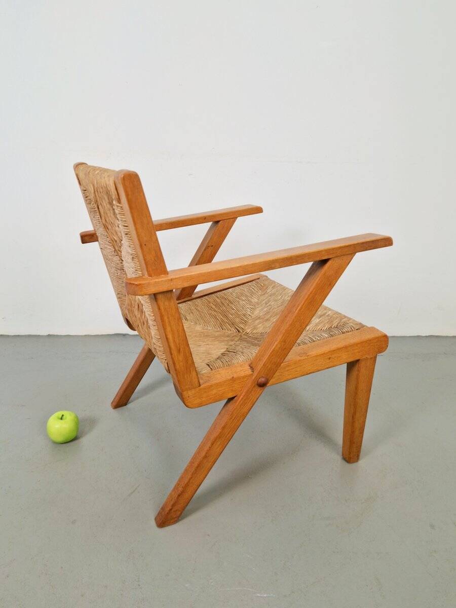 Chaises en bois brutalistes modernistes en paille, années 1940, ensemble de 3