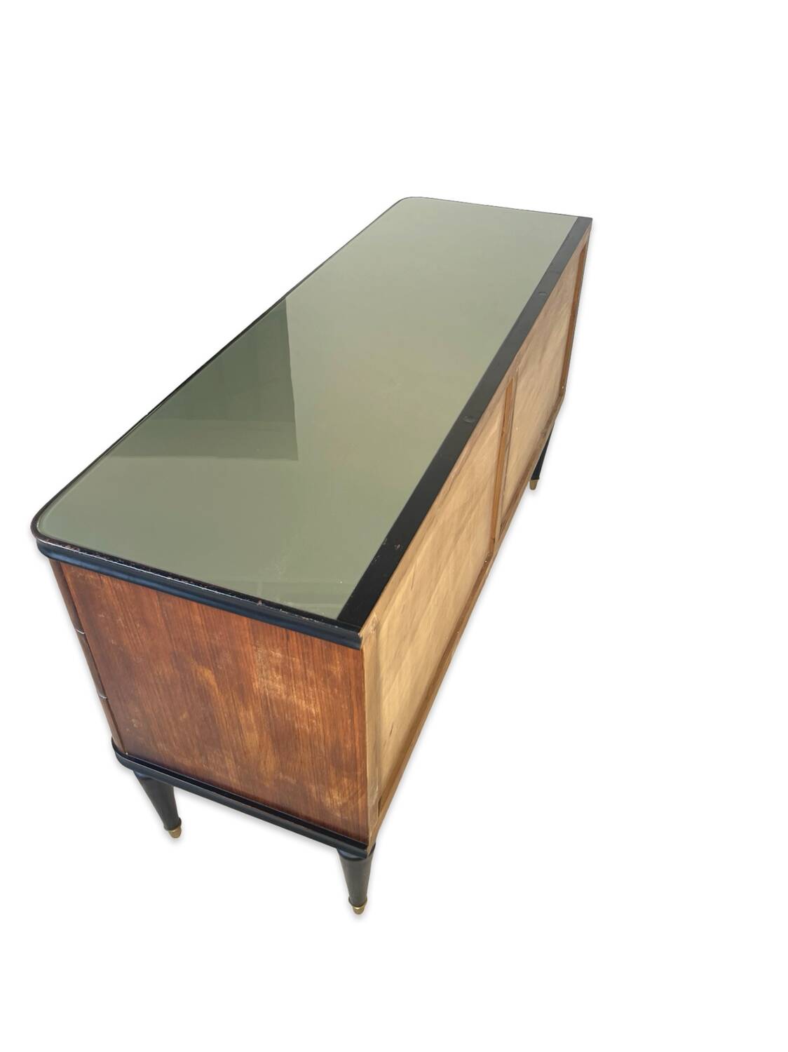 Commode en acajou plaqué avec plateau en verre vert, années 1950