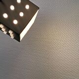 Space-Age square hanging lamp in white and black lacquered metal.