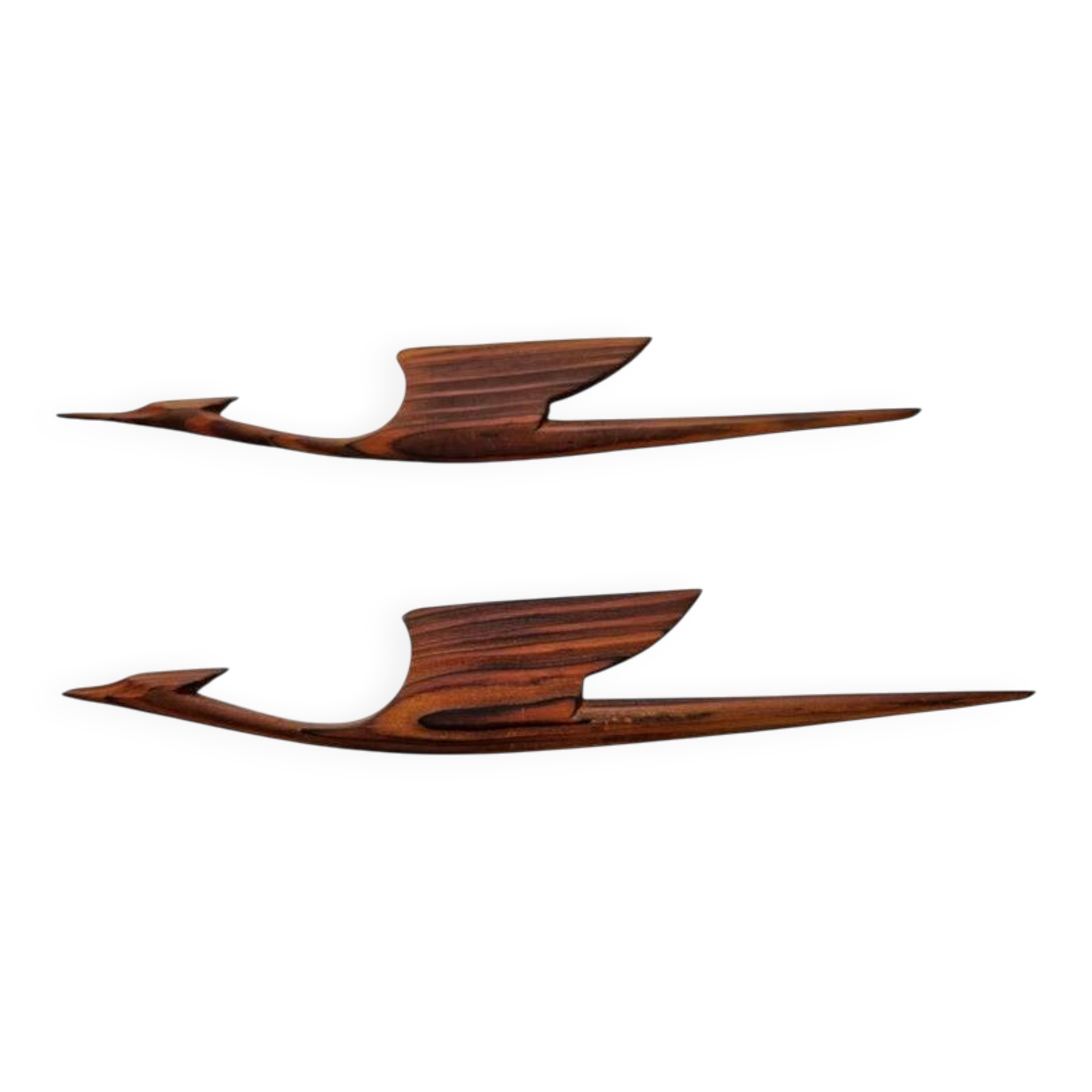 Pair of rare mid-century wooden wall sculptures representing birds and herons, Denmark, 1960s.